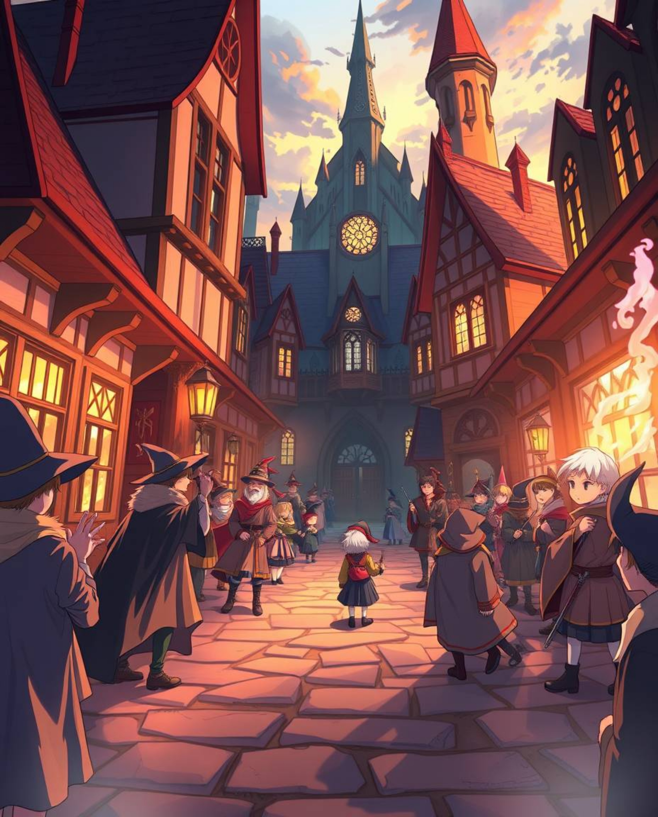 An isekai anime style illustration depicts a magical school teeming with young wizards, rendered with expressive composition 