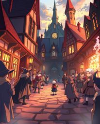 An isekai anime style illustration depicts a magical school teeming with young wizards, rendered with expressive composition 