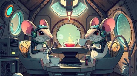 A captivating futuristic sci-fi illustration depicts anthropomorphic mice enjoying a sophisticated tea party within a cozy co