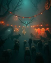 Explore a strong, moody style that depicts a mystic and enchanting environment, specifically a carnival unexpectedly overtake