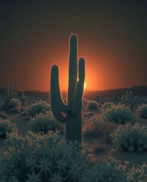 A surreal infrared image captures a desert cactus glowing in the last rays of the sun. This piece is crafted to evoke an eeri