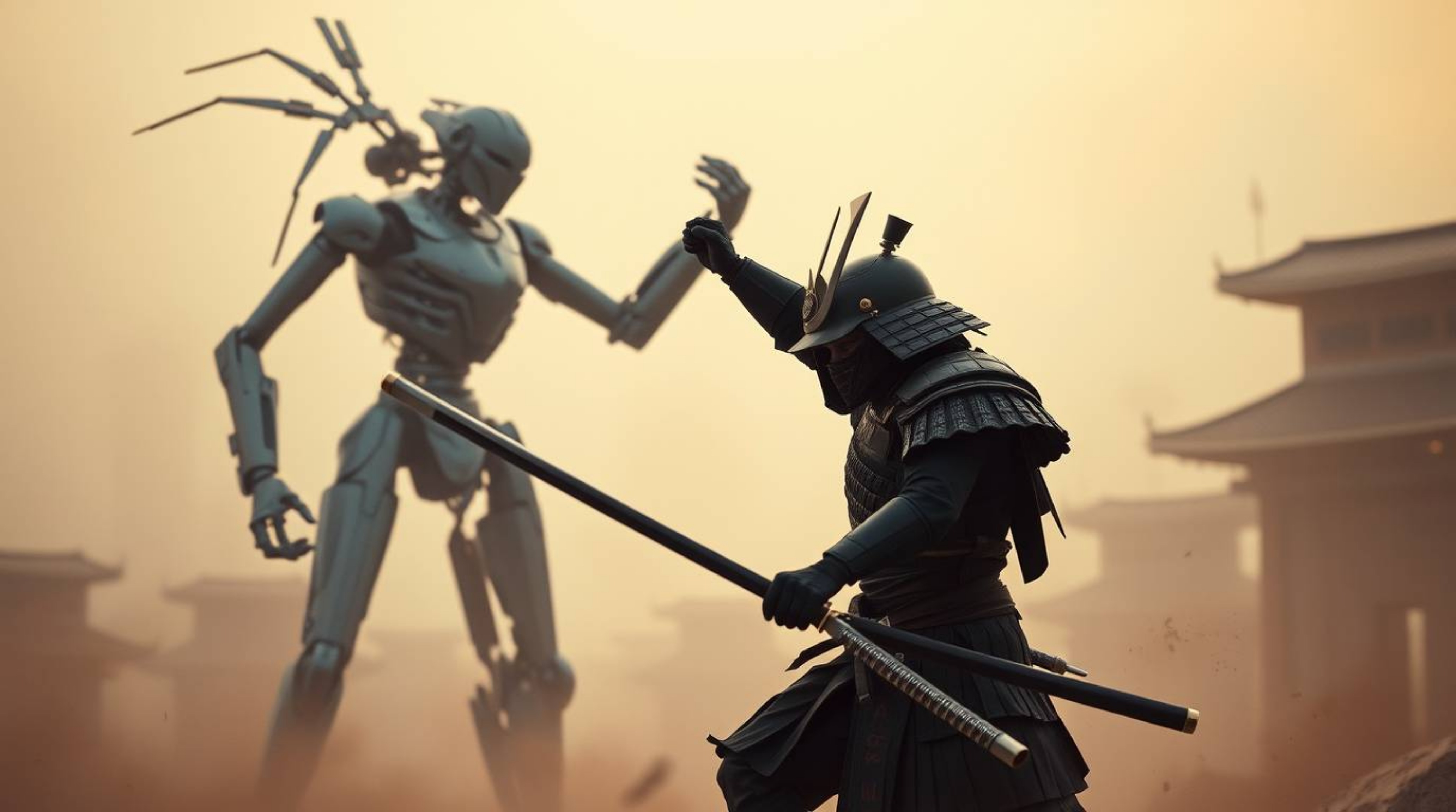 A captivating image depicting a samurai engaging in a fierce battle against a robot within a dystopian world.  Rendered in so