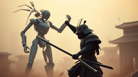 A captivating image depicting a samurai engaging in a fierce battle against a robot within a dystopian world.  Rendered in so