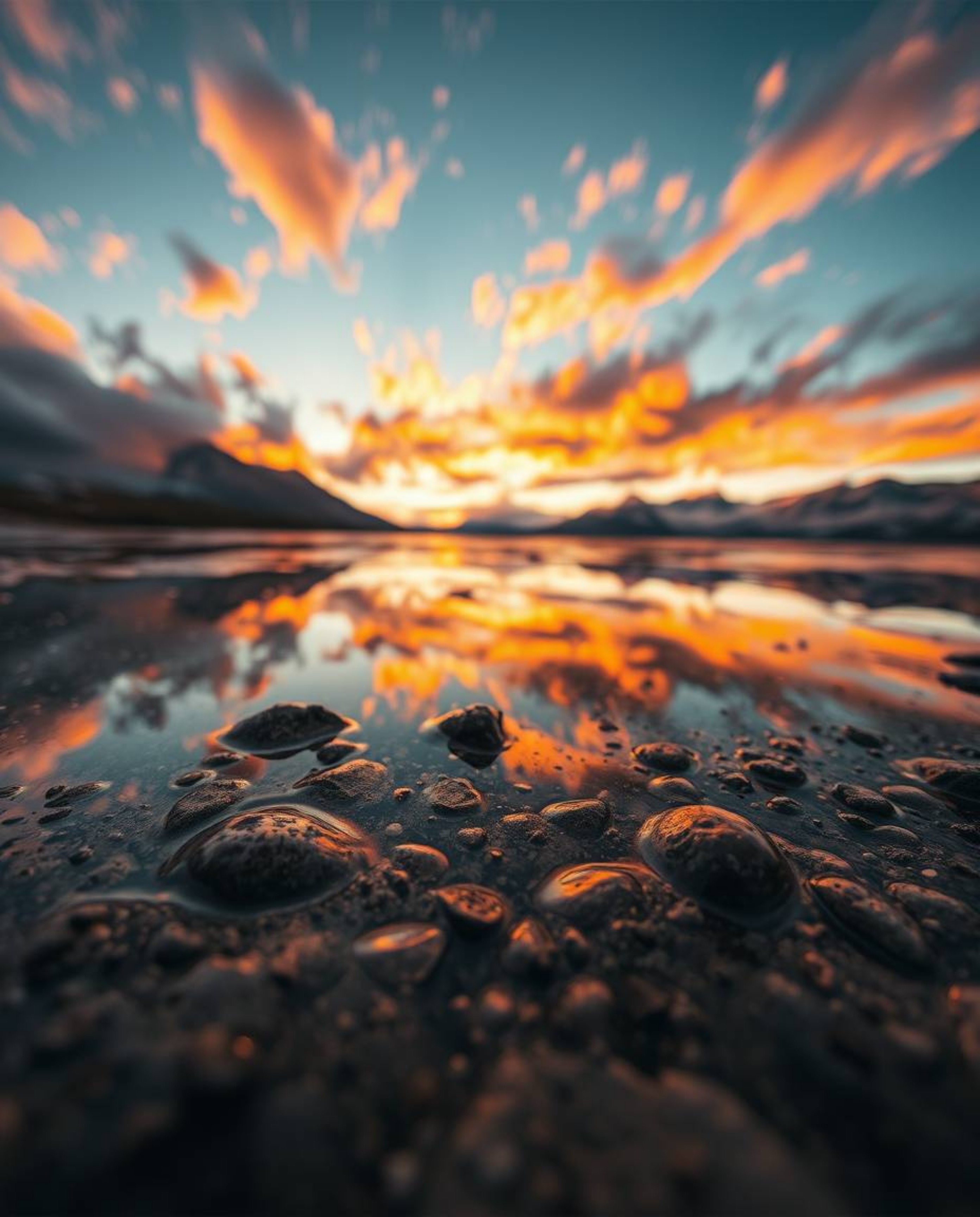 An extreme macro photograph captures an intricate detail within the reflections of fiery clouds in a mountain lake. This clos