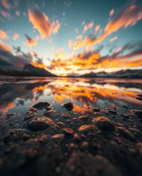 An extreme macro photograph captures an intricate detail within the reflections of fiery clouds in a mountain lake. This clos