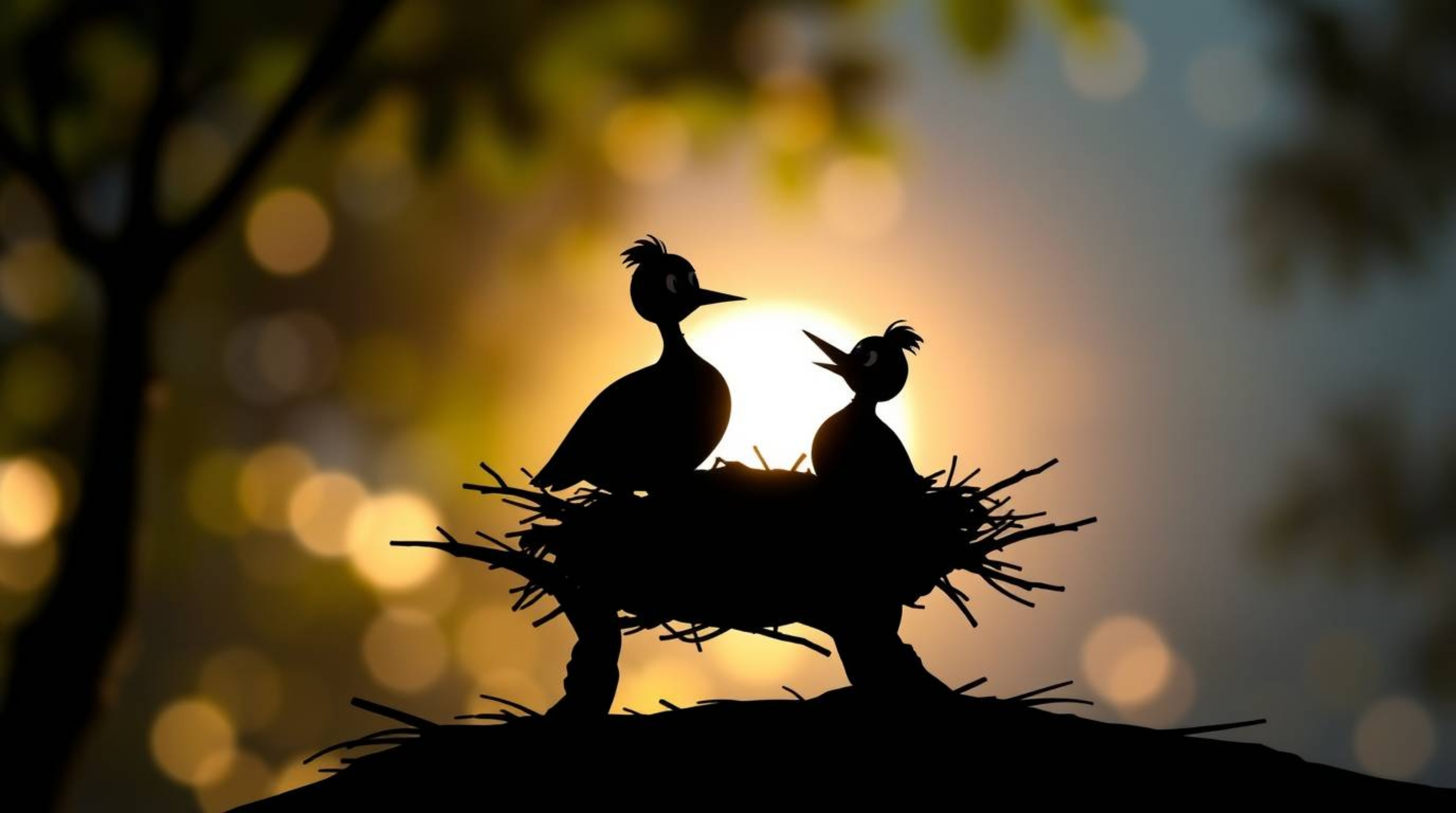 A silhouetted image showcasing two cartoon birds diligently building a nest in a classic animation style. The scene features
