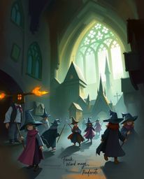 Explore a dynamic digital sketch of a magical school teeming with young wizards, brought to life with smooth gradient transit