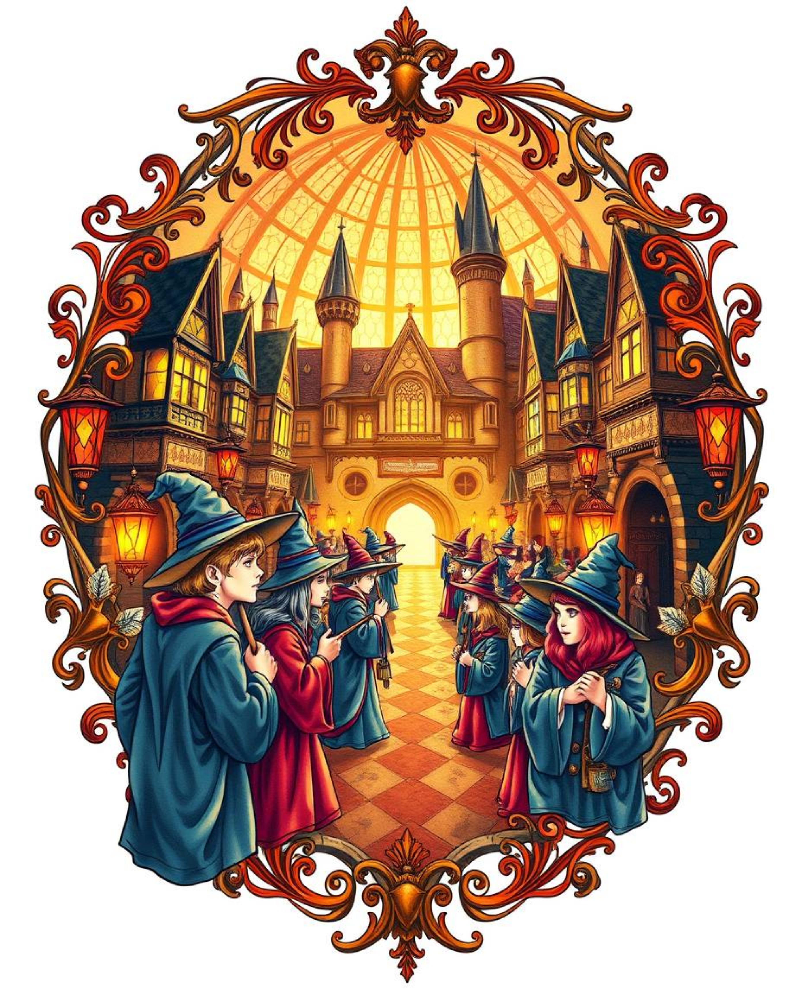 This traditional tattoo art print depicts a magical school teeming with young wizards, bathed in the warm glow of golden hour