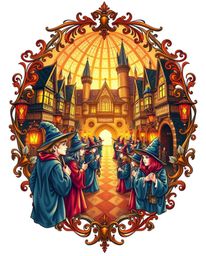 This traditional tattoo art print depicts a magical school teeming with young wizards, bathed in the warm glow of golden hour