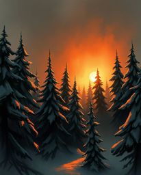 A high-angle digital sketch captures an eerie atmosphere as sunset light illuminates snowy pine trees. Created in an unfinish