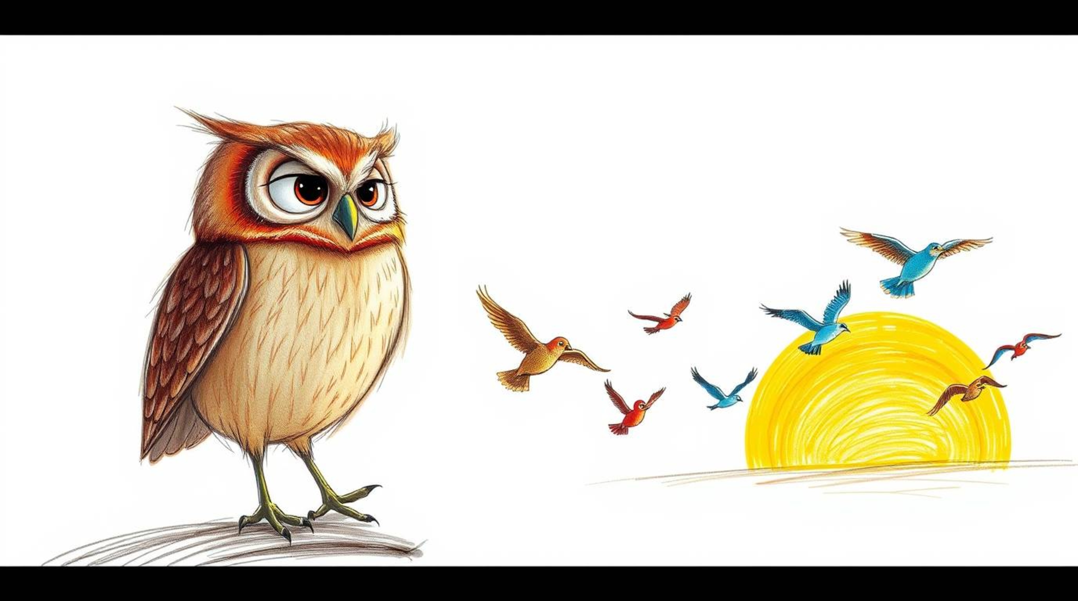 A heartwarming hand-drawn sketch in the style of Pixar depicts a gentle, blind owl with soft, textured pencil strokes leading