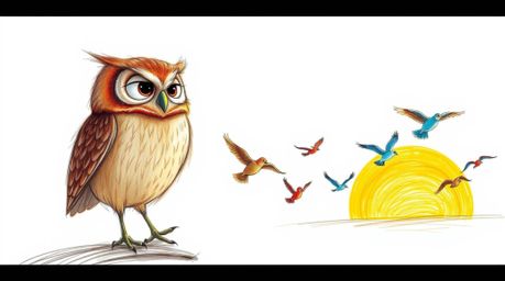 A heartwarming hand-drawn sketch in the style of Pixar depicts a gentle, blind owl with soft, textured pencil strokes leading