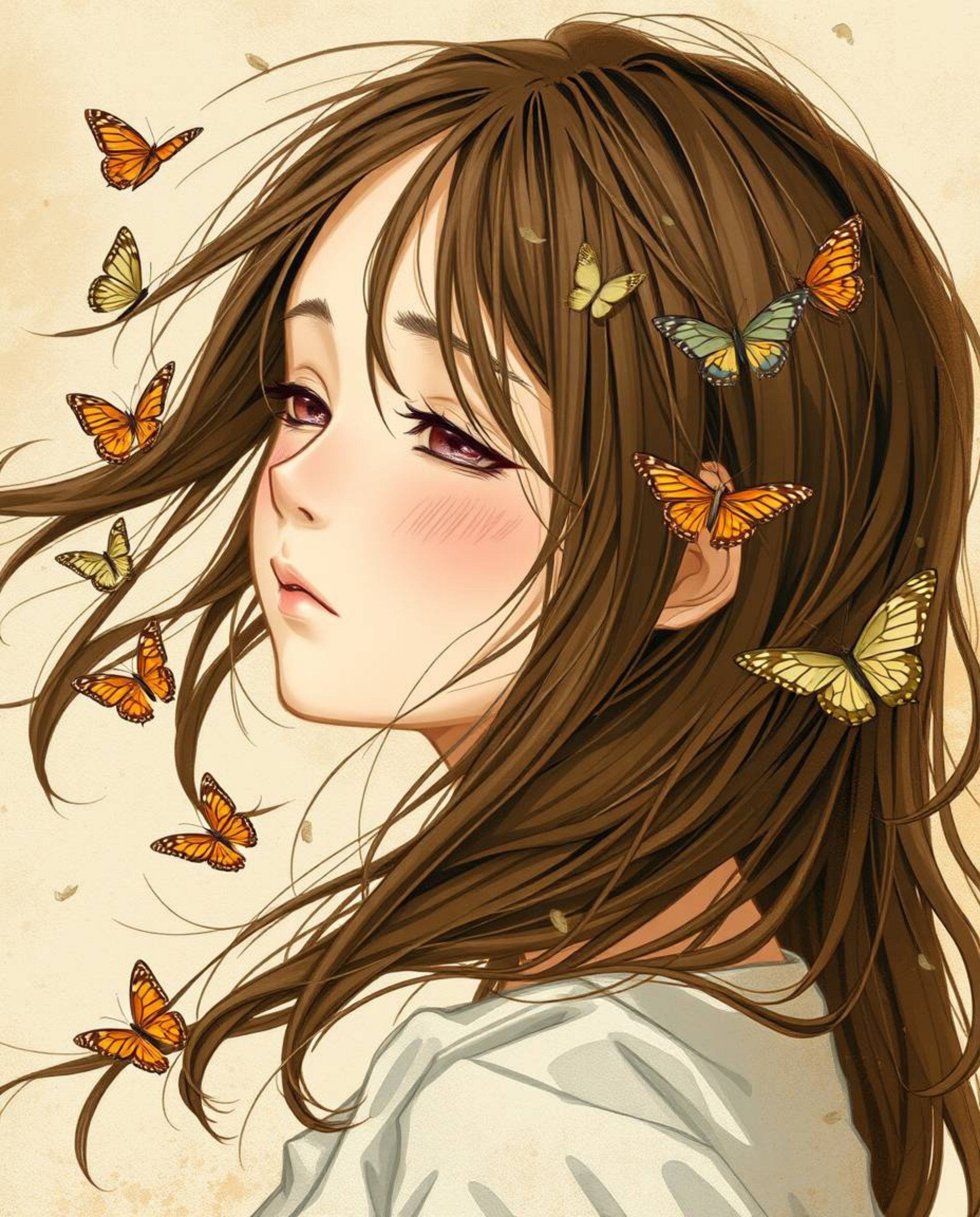 A captivating image featuring a girl with windswept brown hair gently releasing butterflies into the air. The scene is render