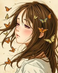 A captivating image featuring a girl with windswept brown hair gently releasing butterflies into the air. The scene is render