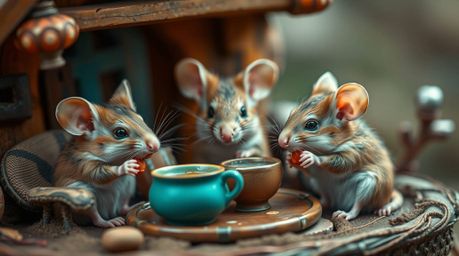 Experience an extreme close-up macro shot of anthropomorphic mice delighting in a tea party within a cozy cottage. The scene 