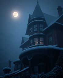 An extreme macro close-up captures a small detail of a fog-covered Victorian mansion under moonlight, bathed in rich burgundy