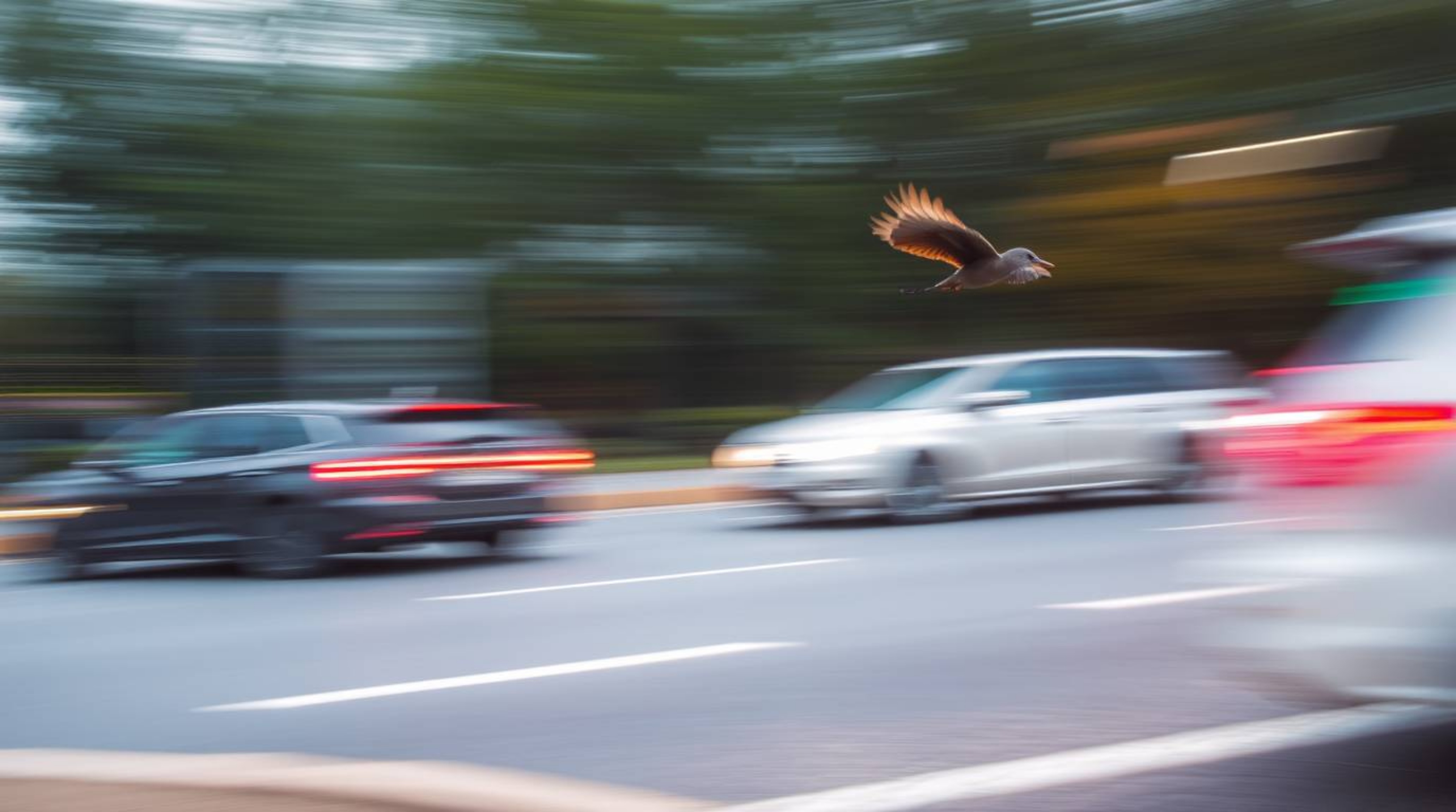 A stunning long exposure photograph capturing a fast-running bird as it zooms past bustling traffic, creating a dreamlike and
