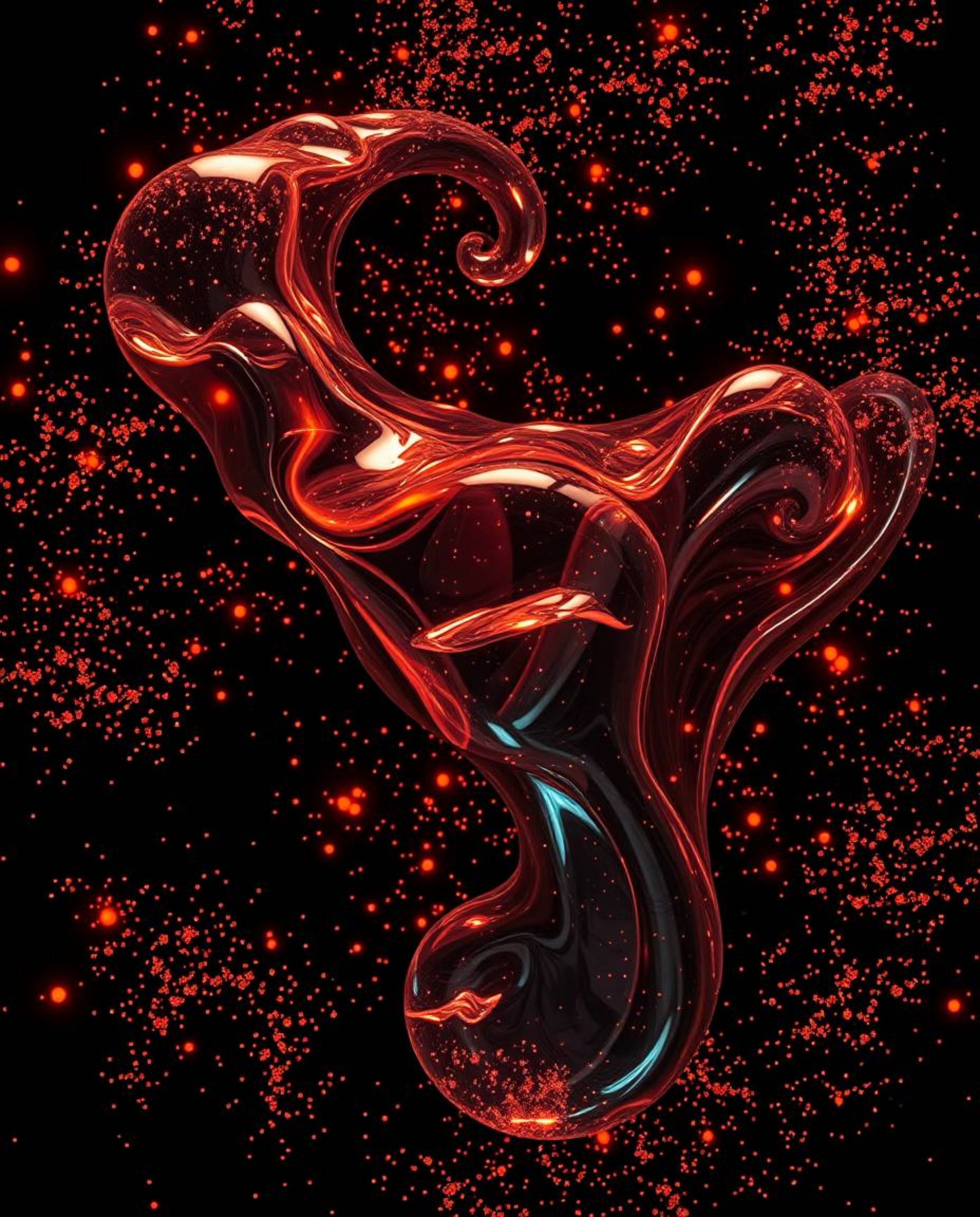 Experience a breathtaking overhead bird's-eye view of glassy fluid 3D shapes in perpetual motion, elegantly surrounded by a m