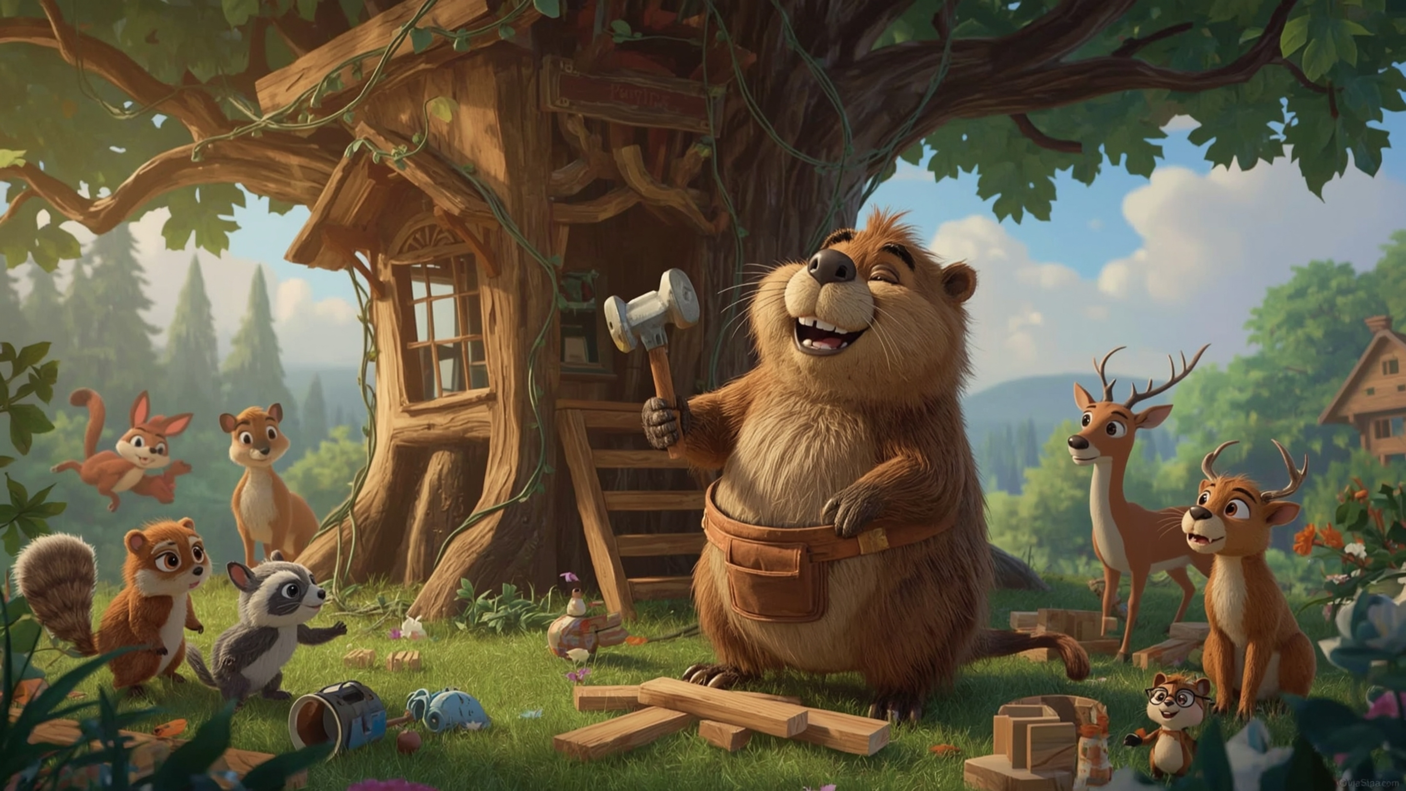 A high-resolution commercial stock photo captures a joyful, anthropomorphic beaver, wearing a tool belt, as it builds a whims