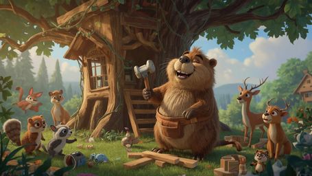 A high-resolution commercial stock photo captures a joyful, anthropomorphic beaver, wearing a tool belt, as it builds a whims