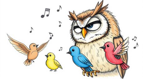 This whimsical hand-drawn sketch in Pixar style depicts a blind owl with wrinkled features and soft brown feathers passionate