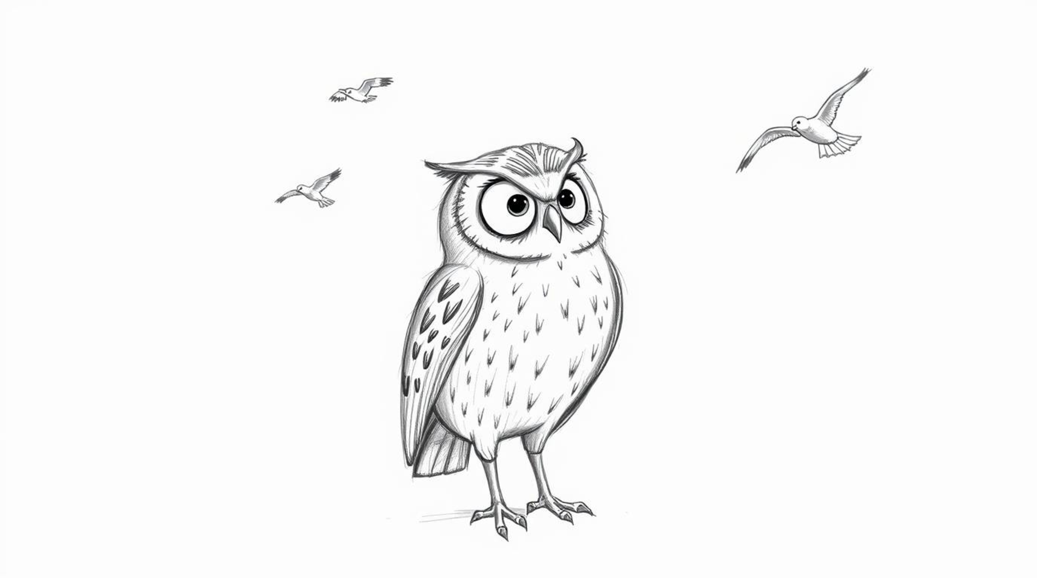 A heartwarming hand-drawn Pixar-style sketch portrays a blind owl, its textured pencil strokes adding depth and character. De
