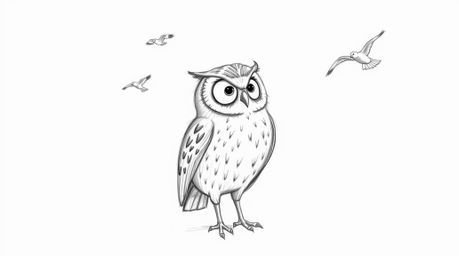 A heartwarming hand-drawn Pixar-style sketch portrays a blind owl, its textured pencil strokes adding depth and character. De