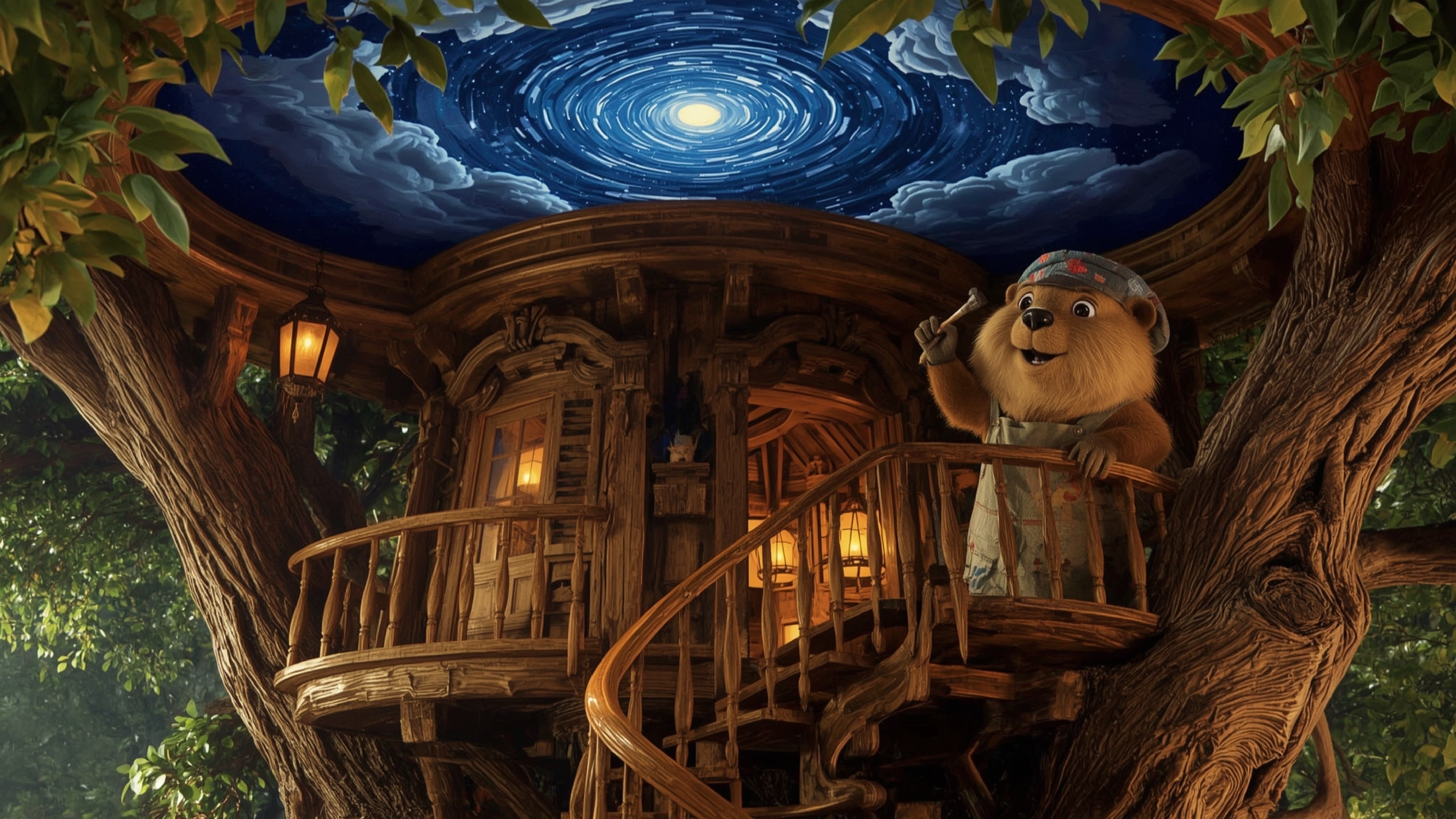 A highly detailed, high-resolution stock photo depicts a Pixar-inspired beaver, with warm golden fur and endearing features,