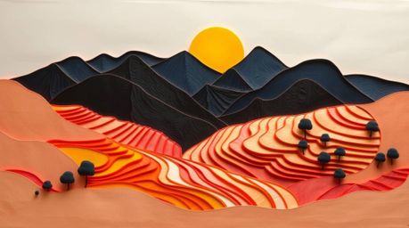 Discover a graceful and elegant sculpted papier-mâché artwork depicting a vibrant sunset over breathtaking rice terraces in t