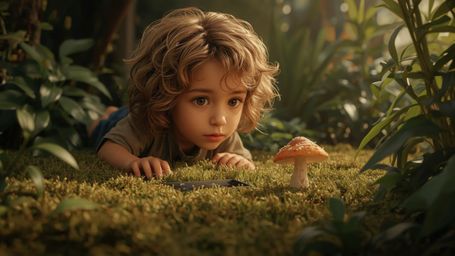 In a vibrant, cinematic photograph with a nostalgic, film-like grain, a bright-eyed, homeschooled genius with curly, honey-bl