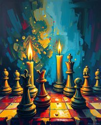 This artwork captures a dramatic scene with warm candlelight illuminating a bold acrylic painting. A chessboard, frozen mid-a