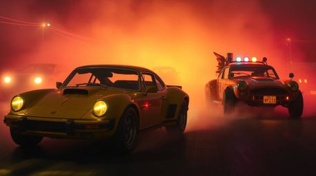 Experience a wacky and vibrant racing scene featuring outlandish cars bathed in warm, ethereal bioluminescent glows of red, o