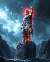 A captivating digital painting in a futuristic sci-fi style portrays a classical sculpture imbued with a vibrant glitch effec