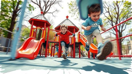 Experience the thrill of a dramatic slow-motion run through a playground, captured in a hand-drawn color sketchnote style. Th