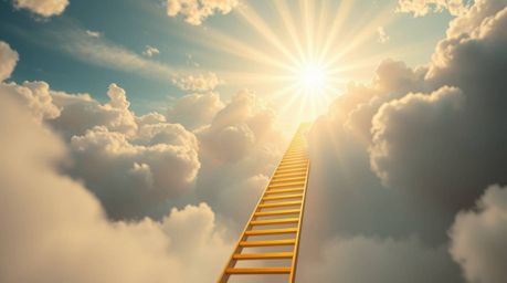 Experience the divine with a golden staircase dynamically ascending through clouds towards a glowing heaven, as sunlight pier