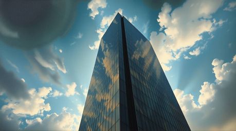 This dramatic, cinematic-style oil painting portrays a modern glass building dissolving into the sky, creating a visually str