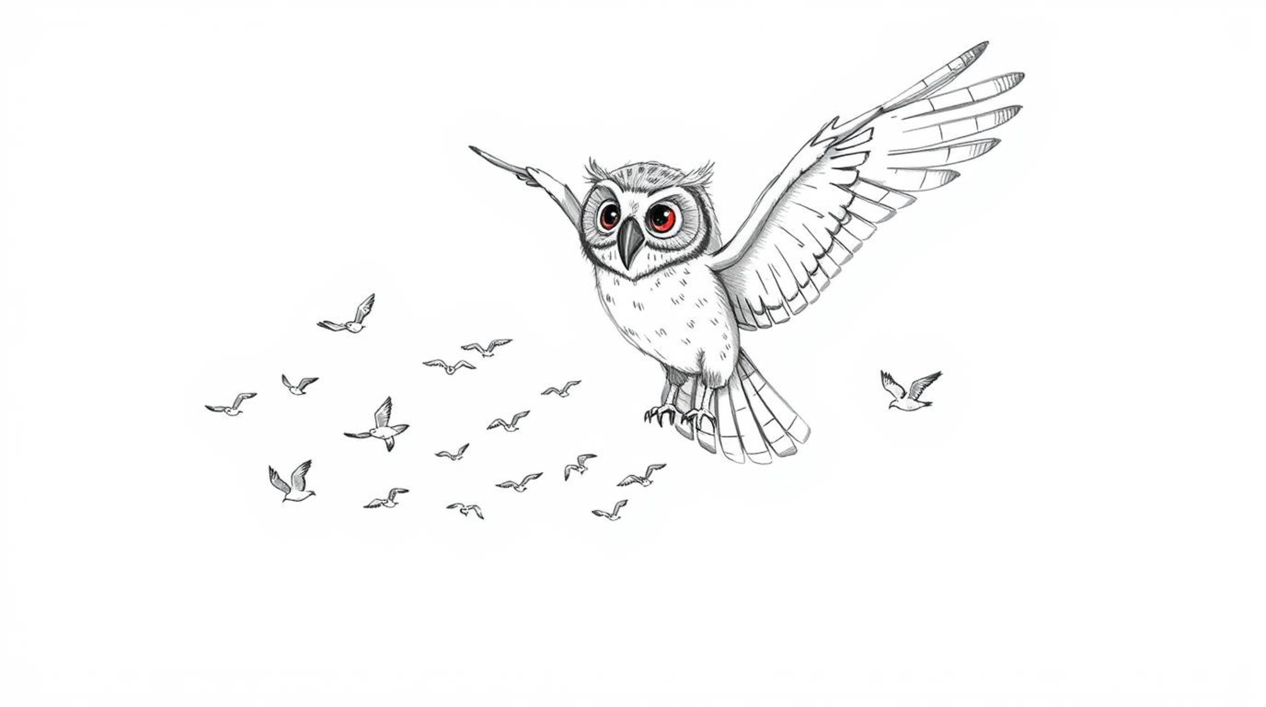 A charming hand-drawn sketch in the style of Pixar depicts a blind owl with outstretched wings gently guiding a flock of tiny