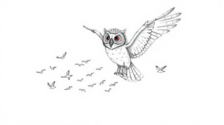 A charming hand-drawn sketch in the style of Pixar depicts a blind owl with outstretched wings gently guiding a flock of tiny