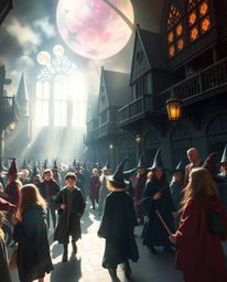 Explore a captivating magical school overflowing with young wizards, rendered in a visually stunning style. This image combin