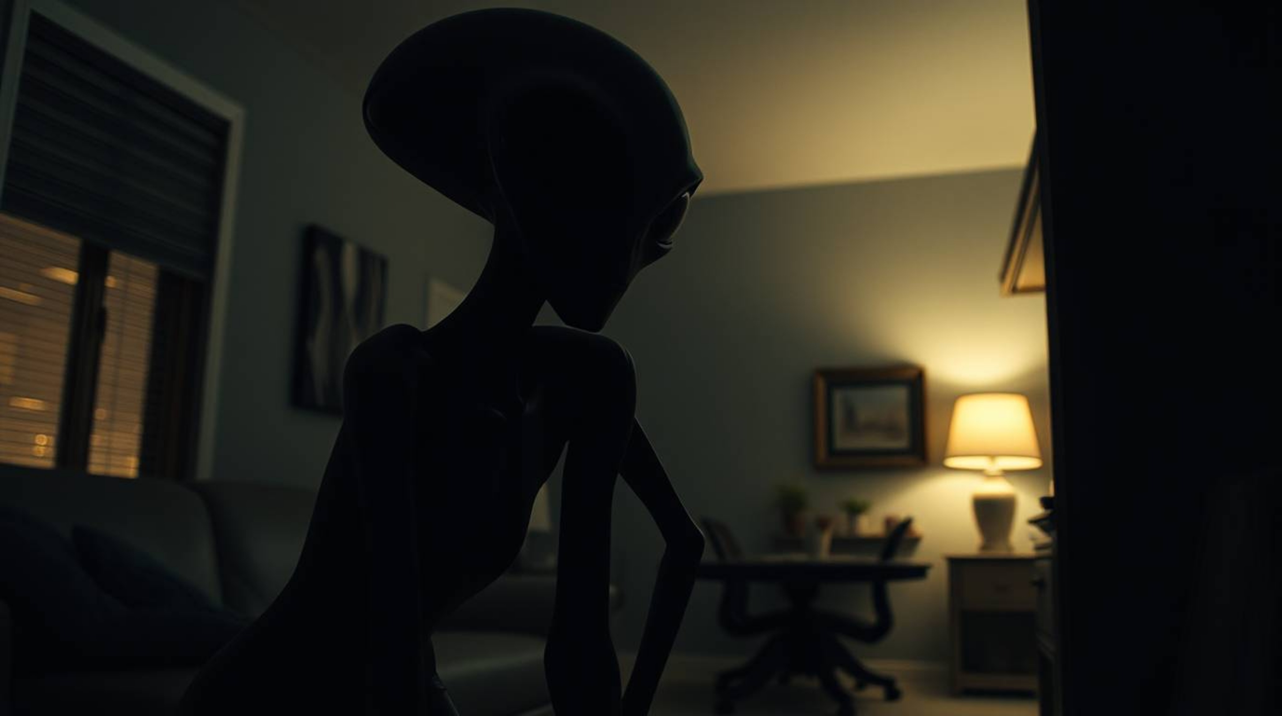 Discover a captivating image of an alien inhabiting a suburban house, rendered in intense jet black with a soft, dreamy atmos