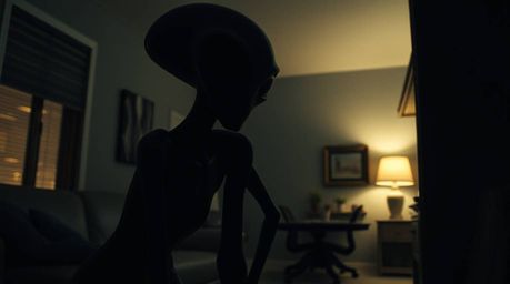 Discover a captivating image of an alien inhabiting a suburban house, rendered in intense jet black with a soft, dreamy atmos