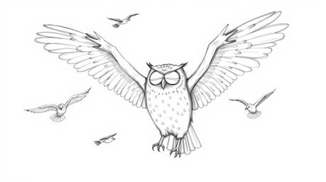 A heartwarming Pixar-style hand-drawn sketch depicts a blind owl with outstretched wings guiding birds in flight. Emphasizing