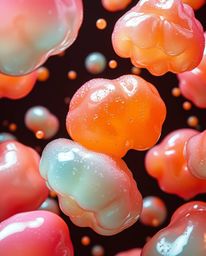 Experience a dramatic and cinematic portrayal of floating 3D blobs, resembling vibrant, fluid jelly with captivating syntheti