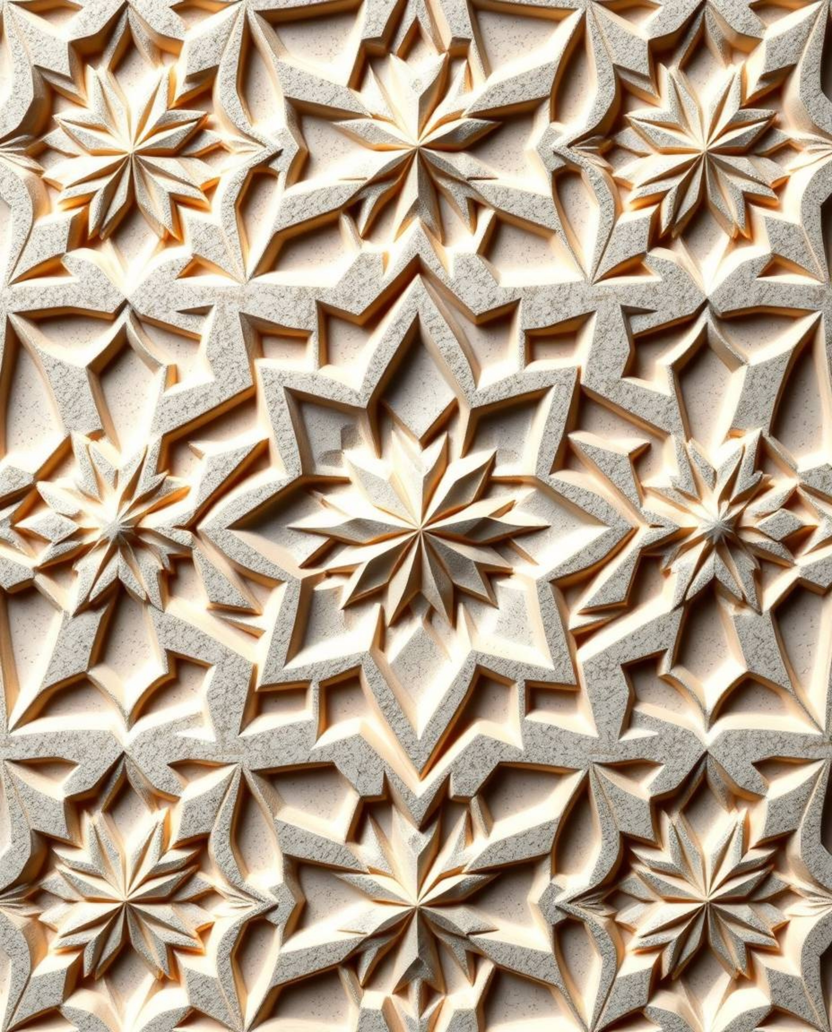Explore the beauty of intricate origami-style Islamic geometric patterns meticulously carved in stone, rendered in soft paste