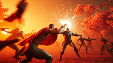 Witness a dynamic and otherworldly clash between a superhero and a villain rendered in surreal infrared tones, bathed in the 