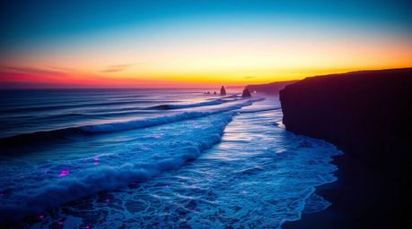 Experience the breathtaking beauty of bioluminescent waves crashing against dramatic cliffs at sunset. This cinematic composi