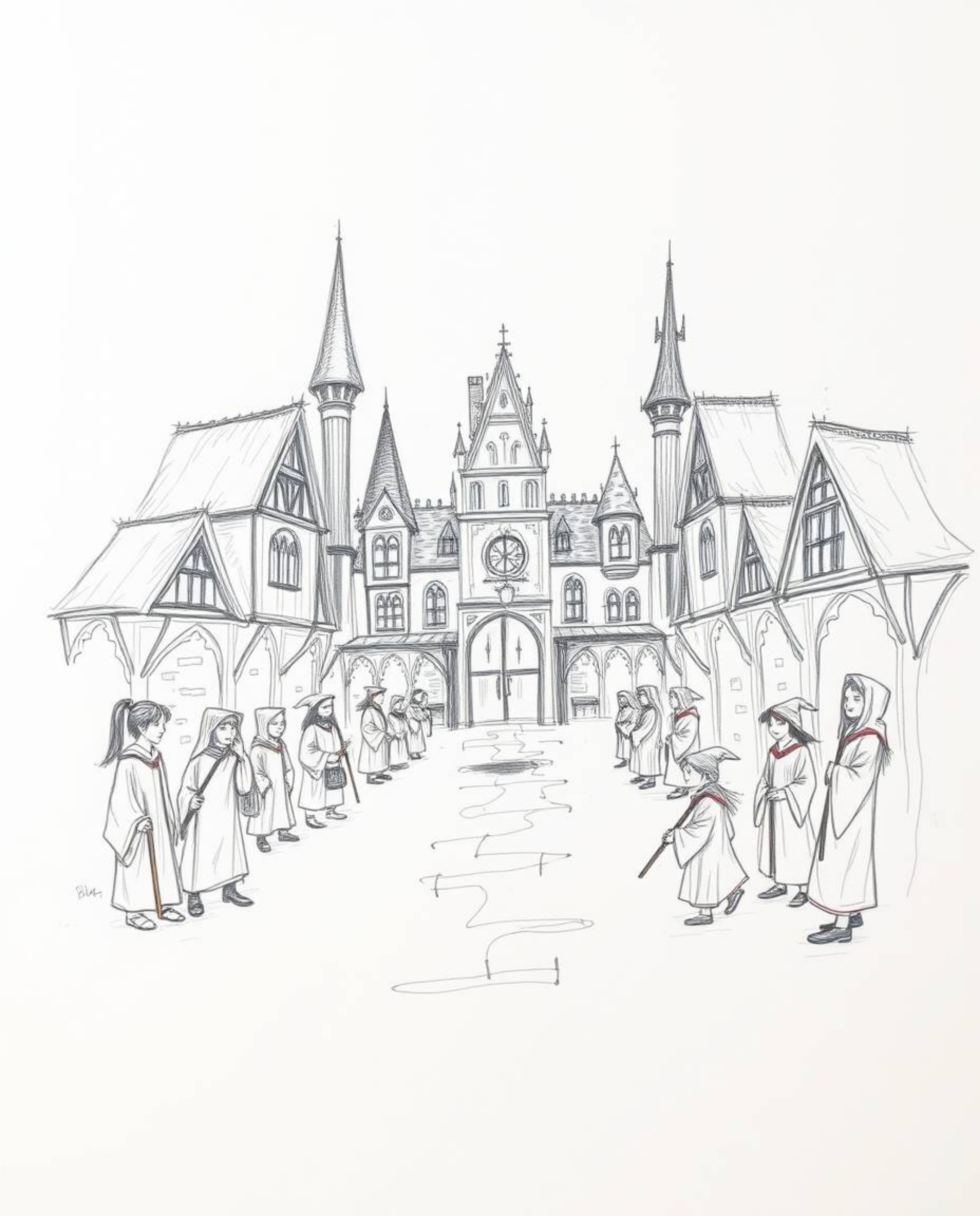 Explore a hand-drawn sketch depicting a magical school bustling with young wizards, rendered with creative artistic lighting