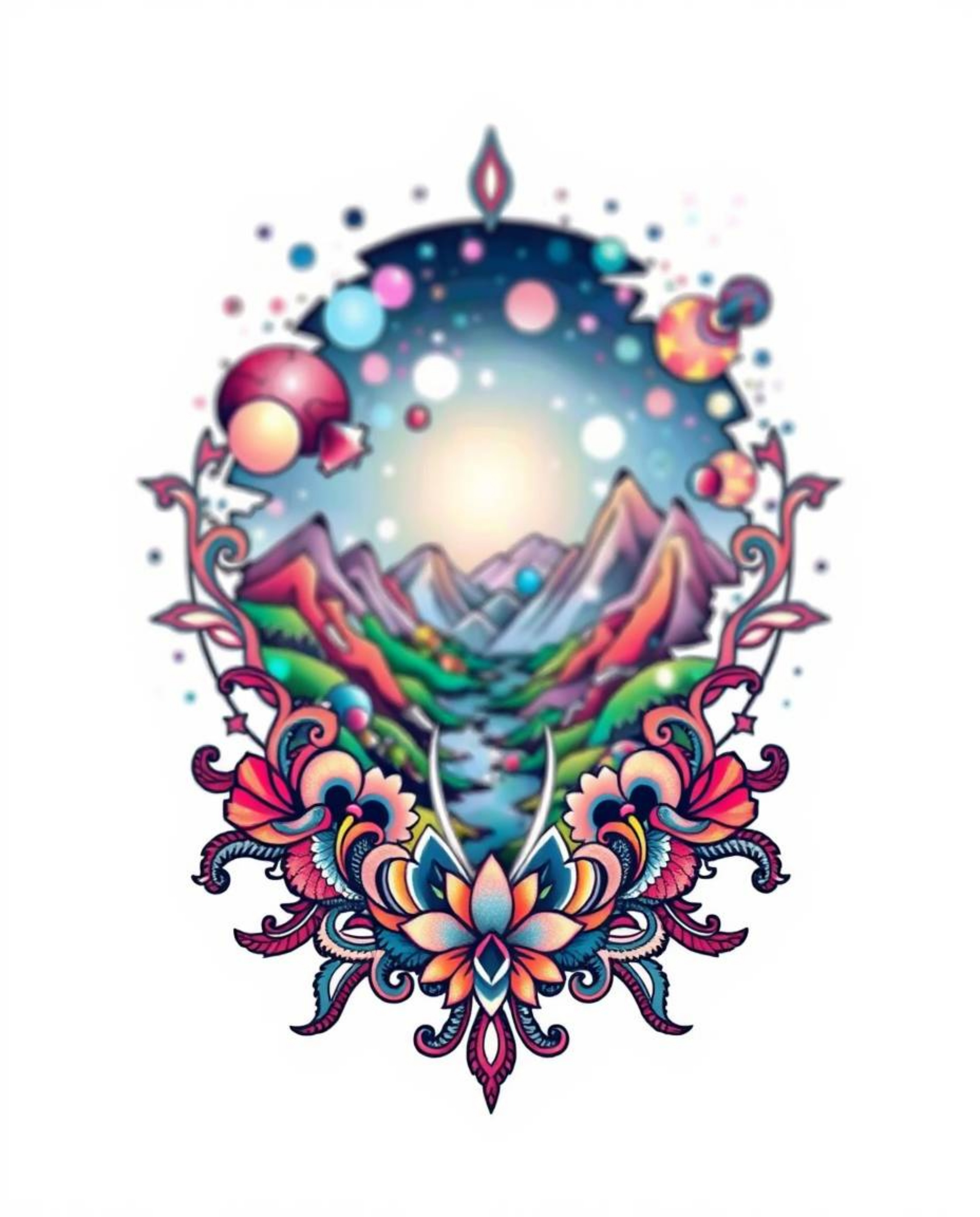 Explore a captivating symbolic traditional tattoo art print featuring a digital glitch landscape dynamically breaking apart. 