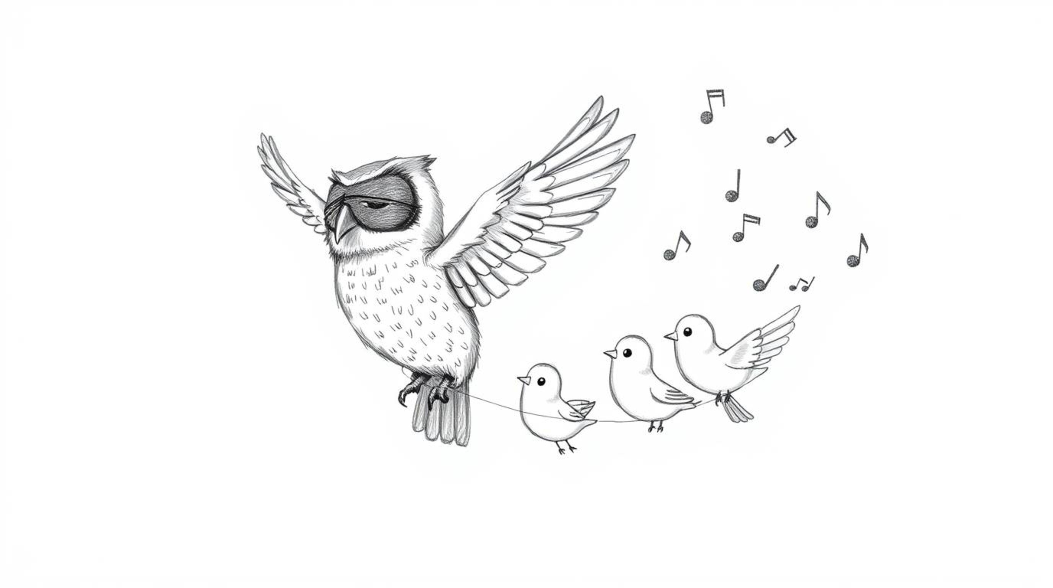 A heartwarming Pixar-style hand-drawn sketch depicts a blind owl with intricately detailed feathers, rendered with textured p