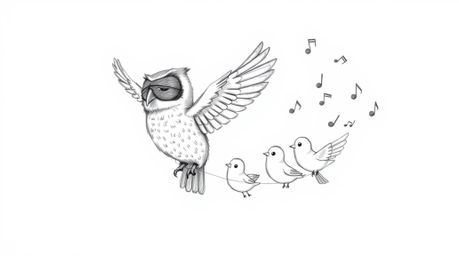 A heartwarming Pixar-style hand-drawn sketch depicts a blind owl with intricately detailed feathers, rendered with textured p